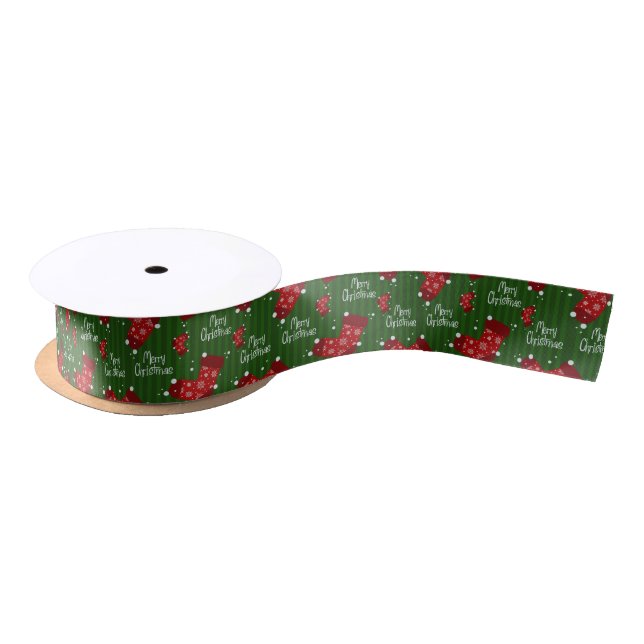 Ruban En Satin Joyeux Motif de Noël Rouge et vert (Bobine)
