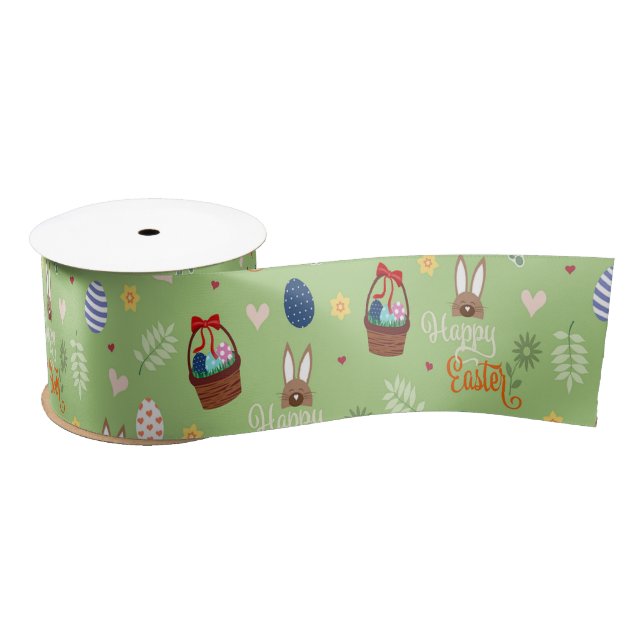 Ruban En Satin Joyeux motif vert de Pâques (Bobine)
