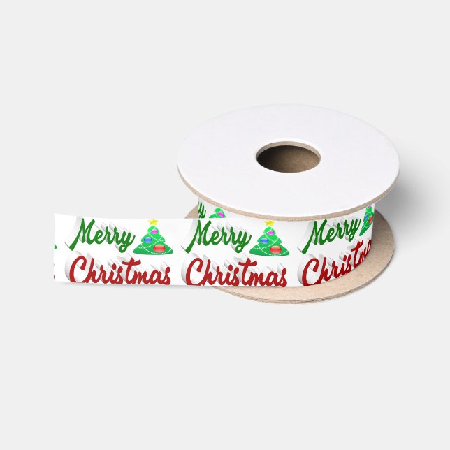 Ruban En Satin Joyeux Noël Arbre rouge vert script (Bobine)