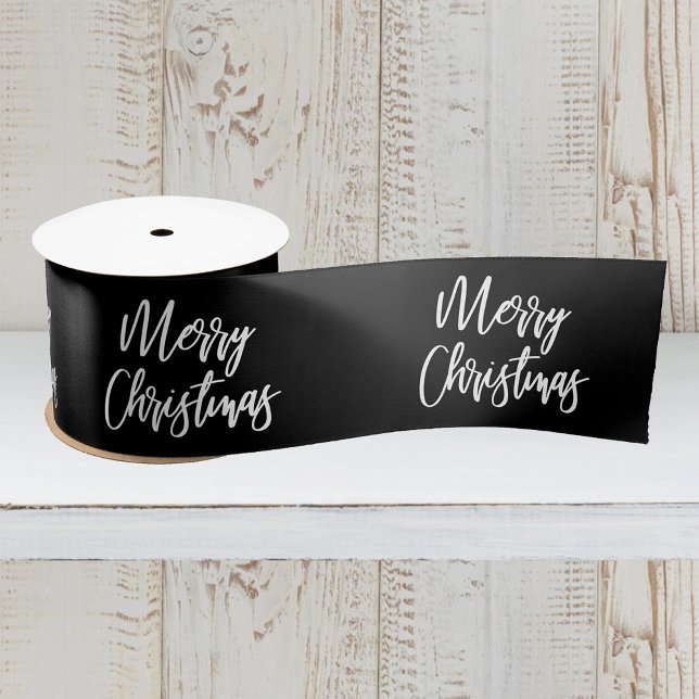 Ruban En Satin Joyeux Noël Calligraphie Blanc Noir Fêtes (Créateur téléchargé)