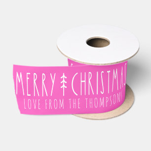 Ruban En Satin Joyeux Noël personnalisé avec nom Rose Chaude Arbr