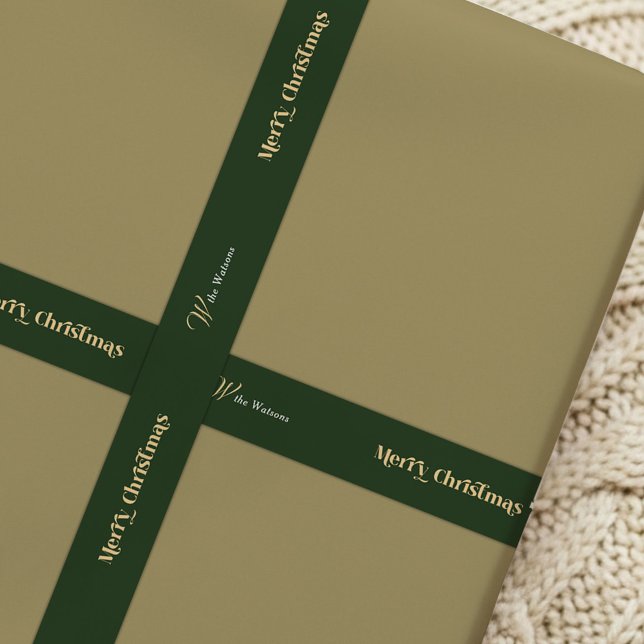 Ruban En Satin Joyeux Noël Retro tendance Nom personnalisé Vert (Retro style Merry Christmas green and beige satin ribbon with your custom name)