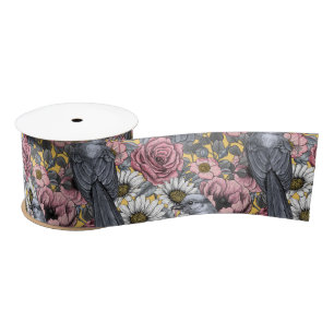 Ruban En Satin Jus gris et fleurs