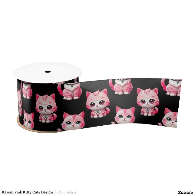 Ruban En Satin Kawaii Rose Kitty Cats Design (Créateur téléchargé)