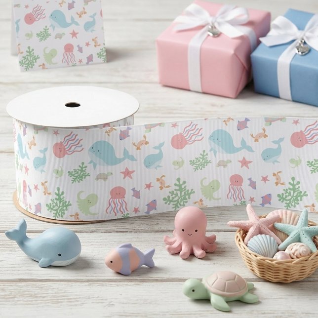 Ruban En Satin Kawaii sous le Baby shower marin Pastel neutre (Cute Pastel Sea Creatures Ribbon)