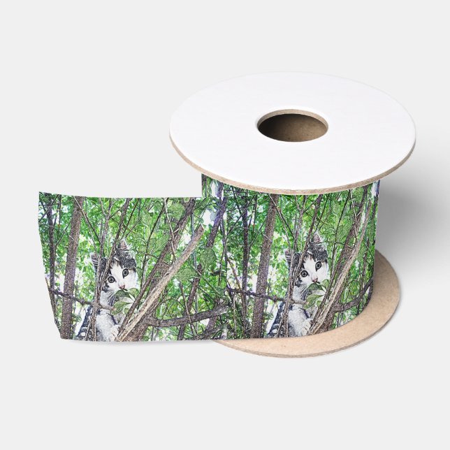 Ruban En Satin Kitten Dans Le Dessin Au Crayon Arbre, (Bobine)