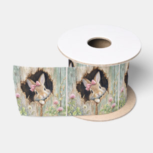 Ruban En Satin Lapin au nœud rose pointant par un trou de clôture