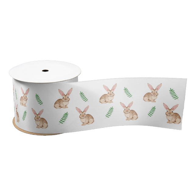 Ruban En Satin Lapin de Pâques aquarelle marron mignon et verdure (Bobine)