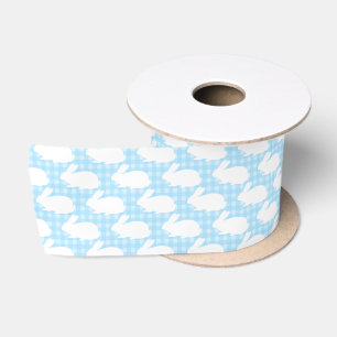 Ruban En Satin Lapins blancs sur motif gingham bleu pastel