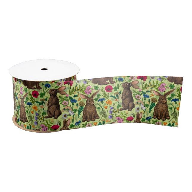 Ruban En Satin Lapins et fleurs sauvages sur le vert miel (Bobine)