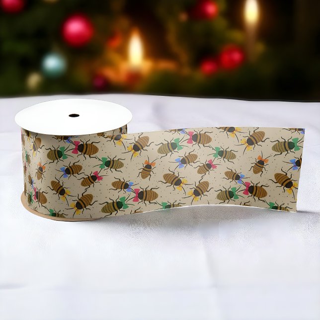 Ruban En Satin Les fêtes avec des vaches Noël (Quirky Christmas ribbon with roaches in colorful bows, perfect for fun holiday wrapping and décor)