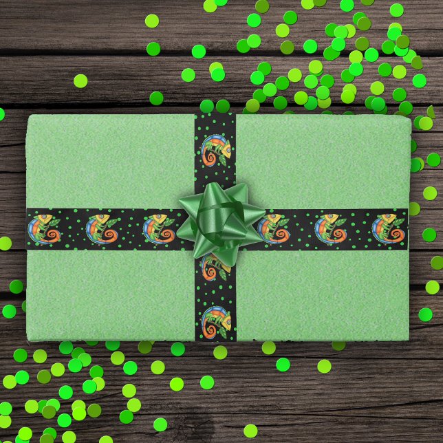 Ruban En Satin Lézard Imaginaire aux couleurs vives Points vert n (Fantasy lizards vibrant colours on black with green polka dots gift wrap ribbon.)