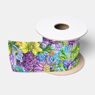 Ruban En Satin Lilac Jaune Bleu Vert Jardin Fleurs Motif