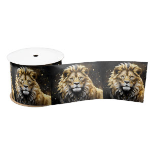 Ruban En Satin Lion Mâle Majestic D'Or Et De Gris,