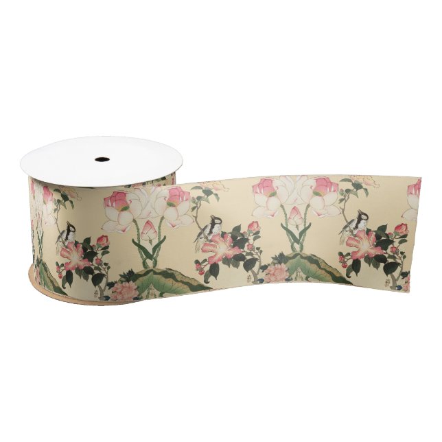 RUBAN EN SATIN LITTLE BIRD WITH PINK ROSES AND LOTUS FLOWERS (Bobine)