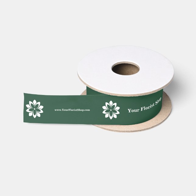 Ruban En Satin Logo en fleurs blanches 🎀 fleuriste et vert perso (Bobine)