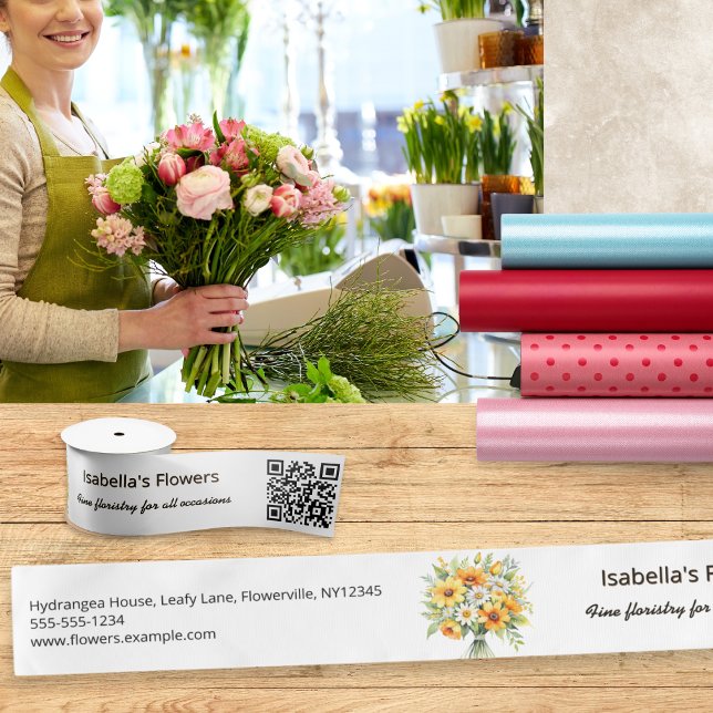 Ruban En Satin Machine à coudre Code QR Petites entreprises Fourn (An elegant custom ribbon for florists, with flower bouquet picture, QR code and contact info)