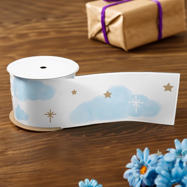 Ruban En Satin Magical Blue Cloud et des étoiles dorées scintilla (Magical Blue Cloud and twinkling Gold Stars Satin Ribbon)