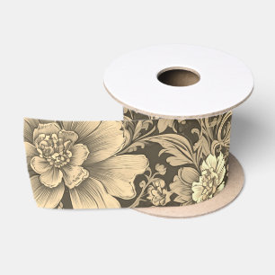 Ruban En Satin Magnifique motif floral sépia vintage