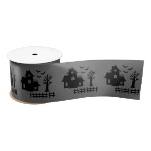 Ruban En Satin Maison Halloween Hantée Avec Chauve-Feu Et Arbre S