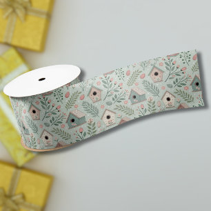 Ruban En Satin Maisons de oiseaux vintage pastel avec floraisons 