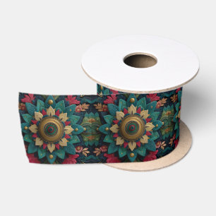 Ruban En Satin Mandala floral texturé complexe en sarcelle et or