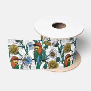 Ruban En Satin Mangeurs d'abeilles, papillons bleus et marguerite