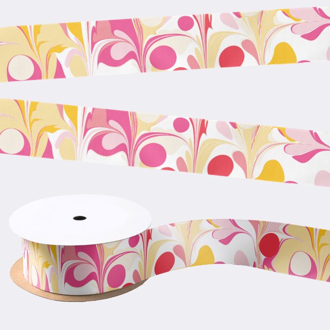 Ruban En Satin Marbre rétro Abstrait Motif rose rouge jaune (Retro abstract marble pattern pink yellow ribbon)