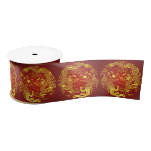 Ruban En Satin Mariage Chinois Vintage Dragon Phénix Rouge Or