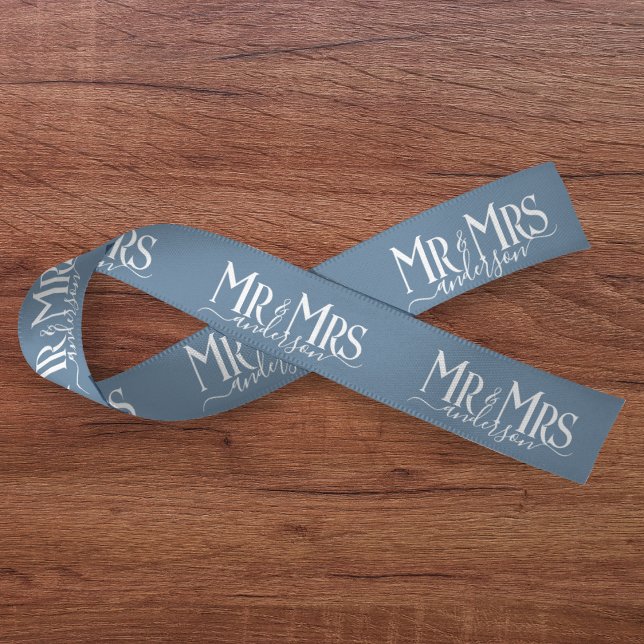 Ruban En Satin Mariage de couple nouvellement marié bleu poussiér (Dusty Blue Mr & Mrs Newlywed Couple Wedding Satin Ribbon
)