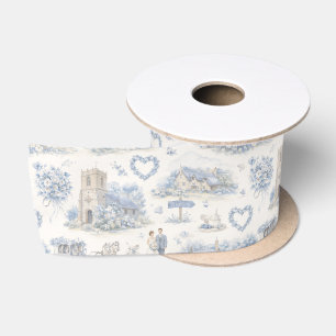 Ruban En Satin Mariage de village anglais Motif aquarelle Bleu
