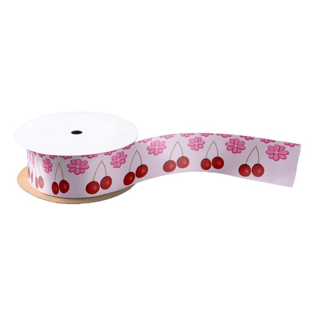 Ruban En Satin Mariage rose Printemps Cerisiers en fleurs et ceri (Bobine)