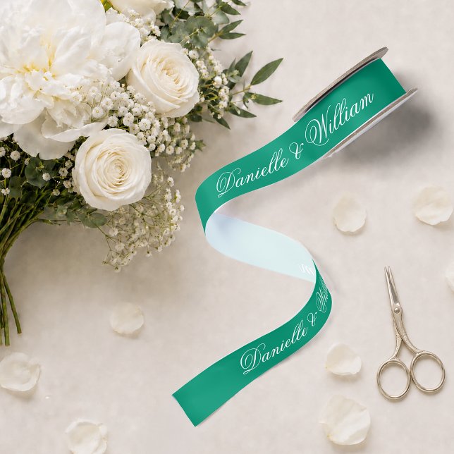 Ruban En Satin Mariage Vert Émeraude Élégant Script Calligraphie (Créateur téléchargé)