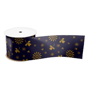 Ruban En Satin Marine Blue Faux Gold Foil Floral Feuilles