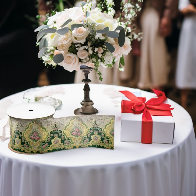 Ruban En Satin Médaillon de roses roses roses métalliques Art nou (Art Nouveau Metallic Gold Pink Roses Medallion Satin Ribbon Wedding Table With Gift Box)