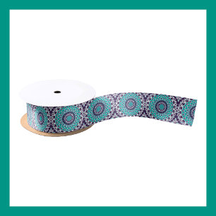 Ruban En Satin Médaillon peint Motif en Turquoise et violet