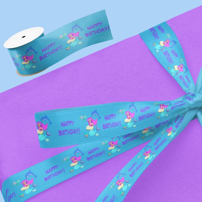 Ruban En Satin Mermaid Étincelant Lecture Livres Joyeux Anniversa (Wrap up birthday wishes with our Sparkling Mermaid Reading Books Happy Birthday Satin Ribbon!)
