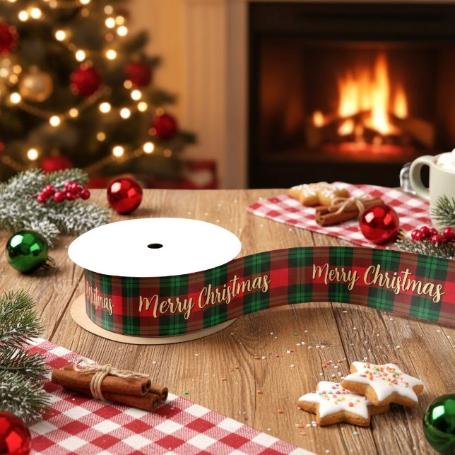 Ruban En Satin Merry Christmas Red Green Plaid Tartan Gift (Merry Christmas Red Green Plaid Tartan Gift Satin Ribbon)