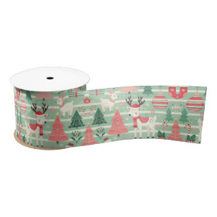 Ruban En Satin Mignonne fête Noël Reindeer Motif Vert