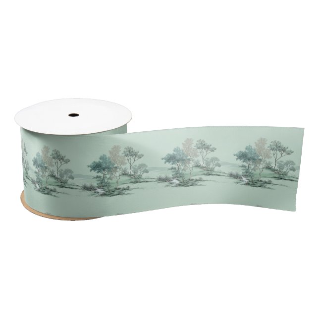 Ruban En Satin Minimal Japanese Landscape Trees Soft Green Water (Bobine)