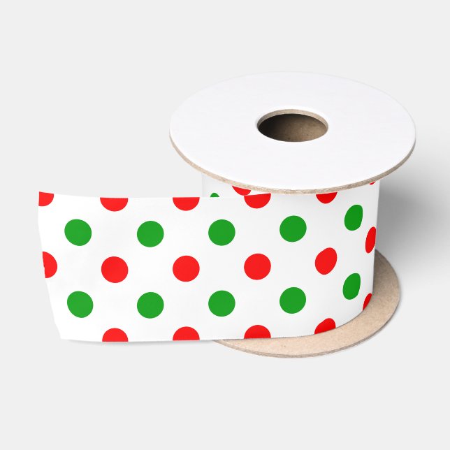 Ruban En Satin Modèle à pois blancs rouges et verts  (Bobine)