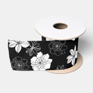 Ruban En Satin Modèle floral noir et blanc