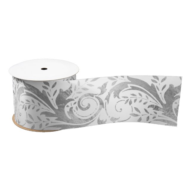 Ruban En Satin Modèle floral orné blanc à huile d'argent de luxe (Bobine)