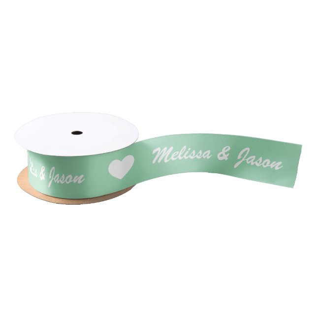 Ruban En Satin Monnaie Vert & Blanc Coeurs & Mariage Couple Names (Bobine)