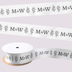 Ruban En Satin Monogramme de couple de mariage Feuille botanique