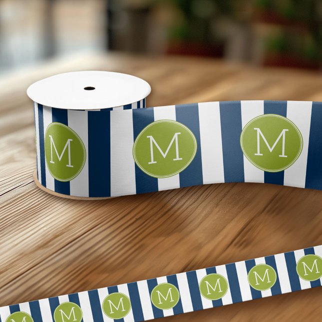 Ruban En Satin Monogramme vert Motif rayé blanc et marine (Custom Ribbon - Add Your Own Text)