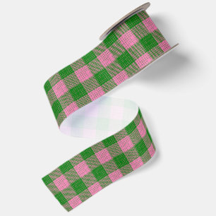 Ruban En Satin Motif à carreaux et hachures rose et vert