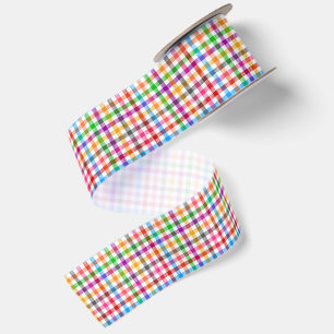 Ruban En Satin Motif à carreaux gingham arc-en-ciel coloré - Blan