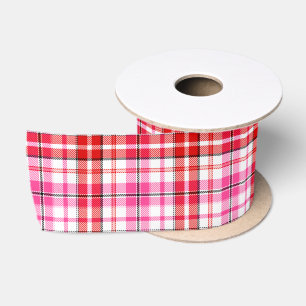 Ruban En Satin Motif à carreaux Tartan blanc rouge rose