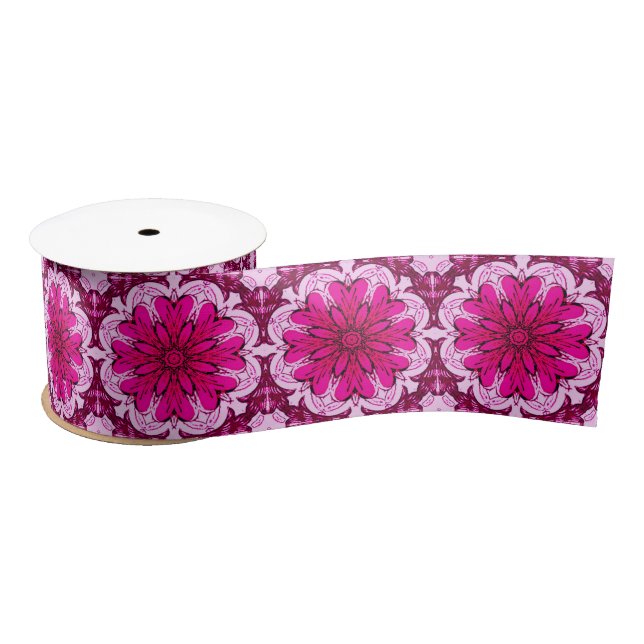Ruban En Satin Motif à fleurs géométriques en Bourgogne & Magenta (Bobine)